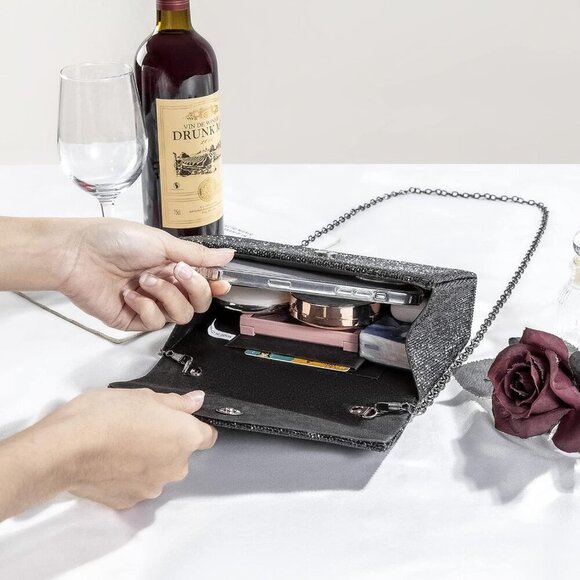 Women's Black Sparkly Evening Glitter Rhinestone Clutch Purse for Party - Picture 4 of 8